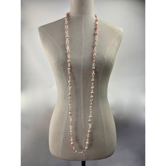 Peach Pearl Rose Quartz Carnelian Long Necklace - Picture 3 of 4